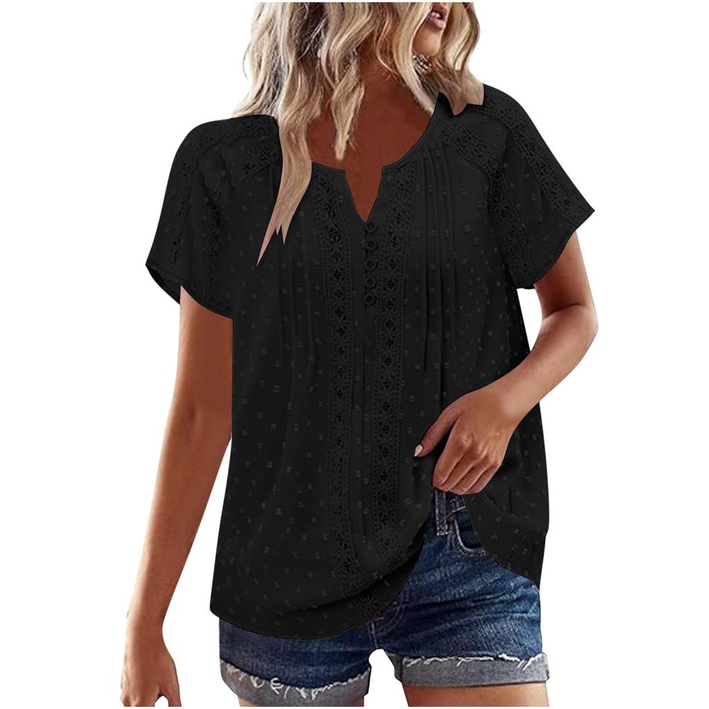 Solid Color Lace Hollow Pleated Top V-Neck Pullover Short Sleeved T-Shirt For Women