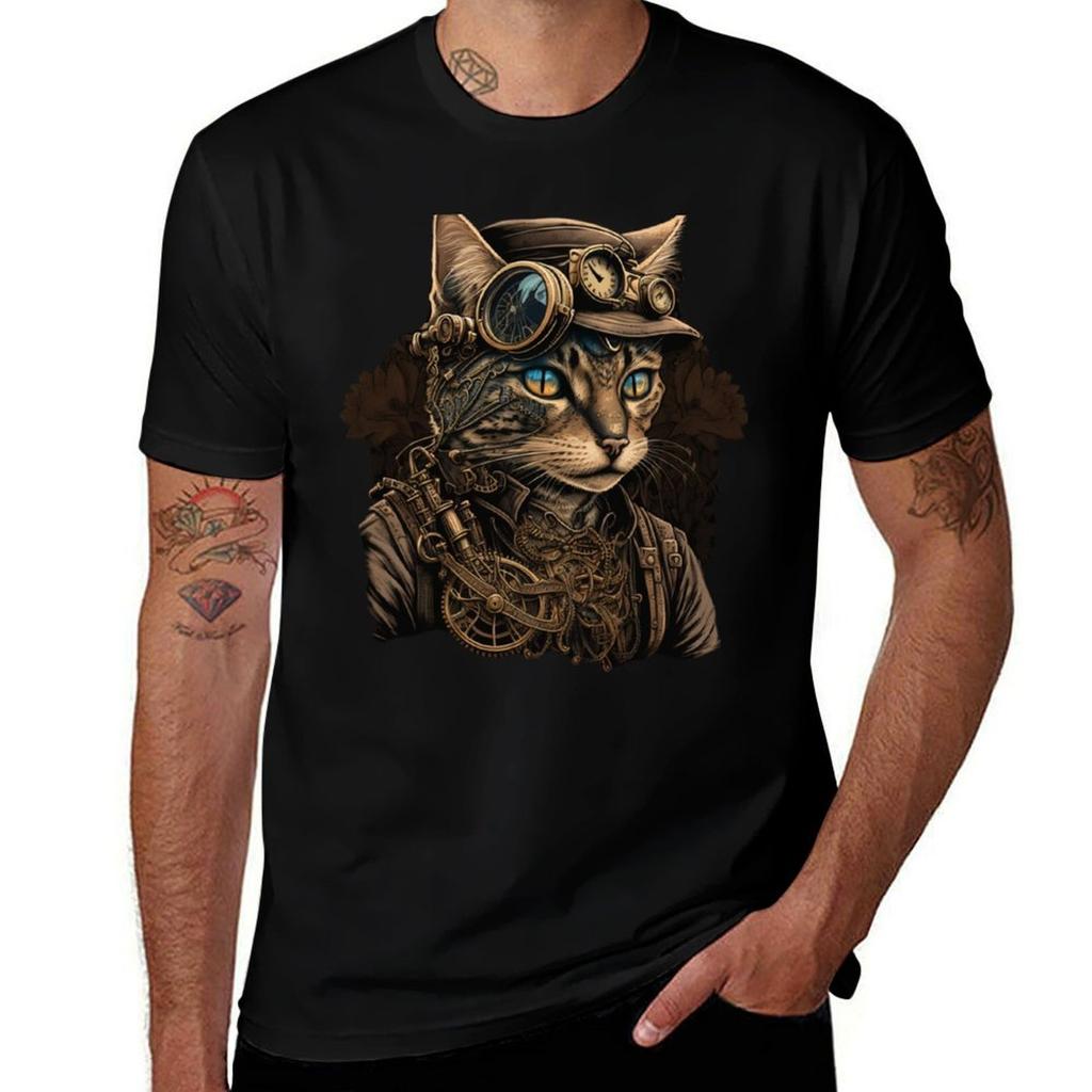 Steampunk Cat TShirt Worker Basic Short Sleeve Tee