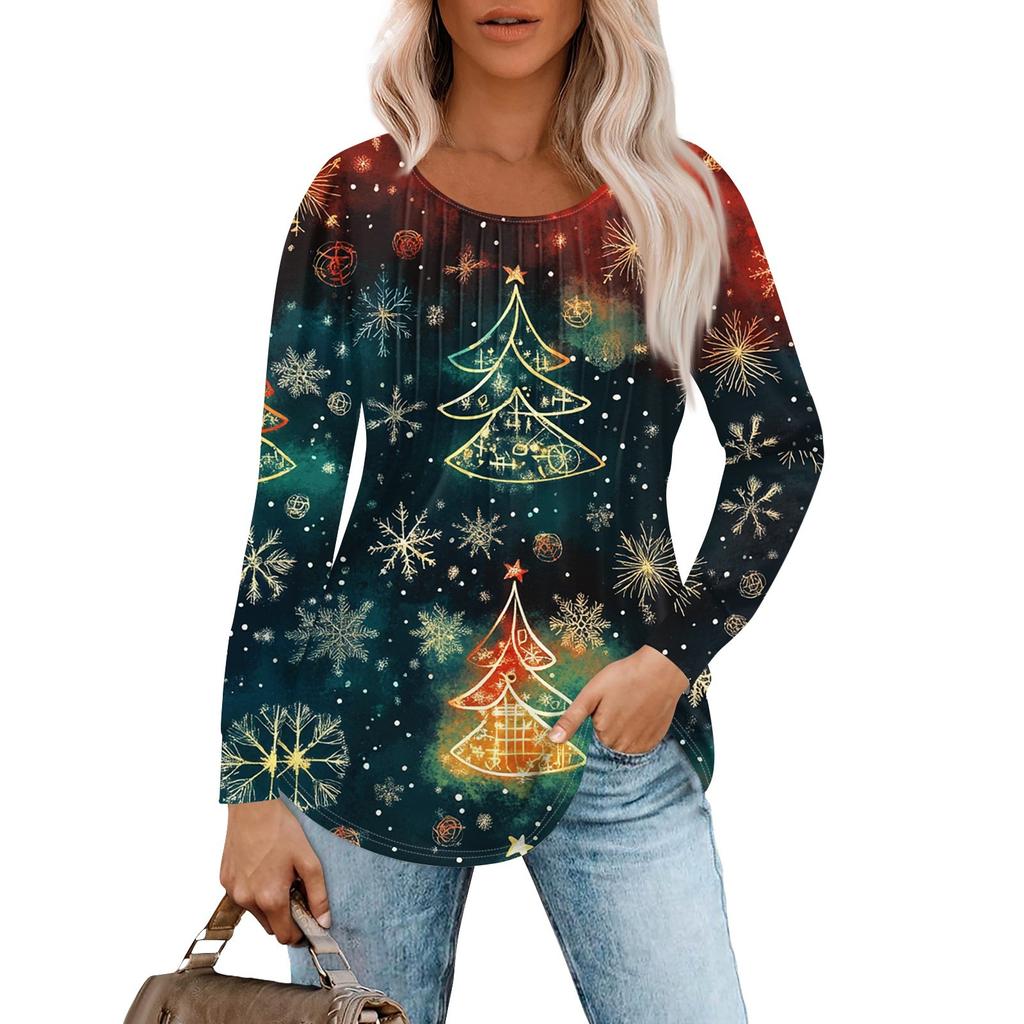 Женская повседневная футболка с круглым вырезом и длинными рукавами с рождественским принтом и складками