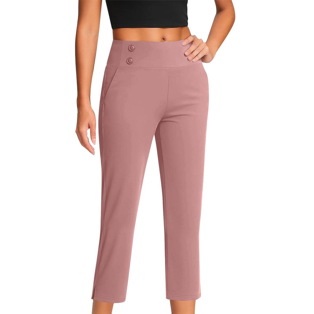 Women's Fashionable Solid Color Straight Leg Pants With High Waist Button Pockets And Elastic Waist Casual Pants