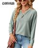 Spring and Autumn Women's Blouse Solid Color V-neck Button Loose Long Sleeve Top