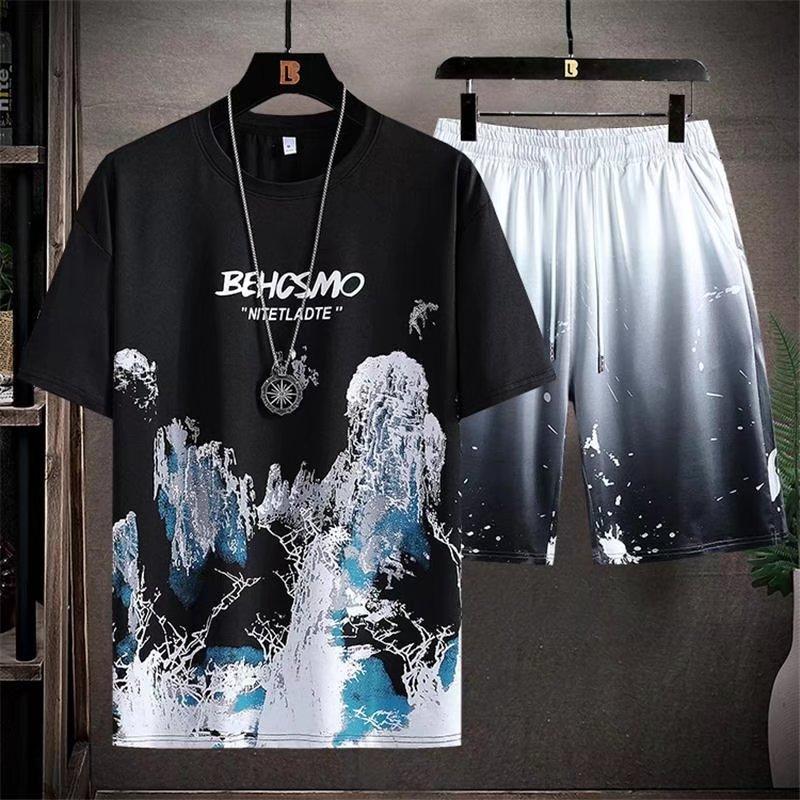 2023 New Men Two Piece Set Summer Sport Wear Fashion Mens Joggers Set Harajuku Tshirt and Short Set Casual Tracksuit Size 5XL