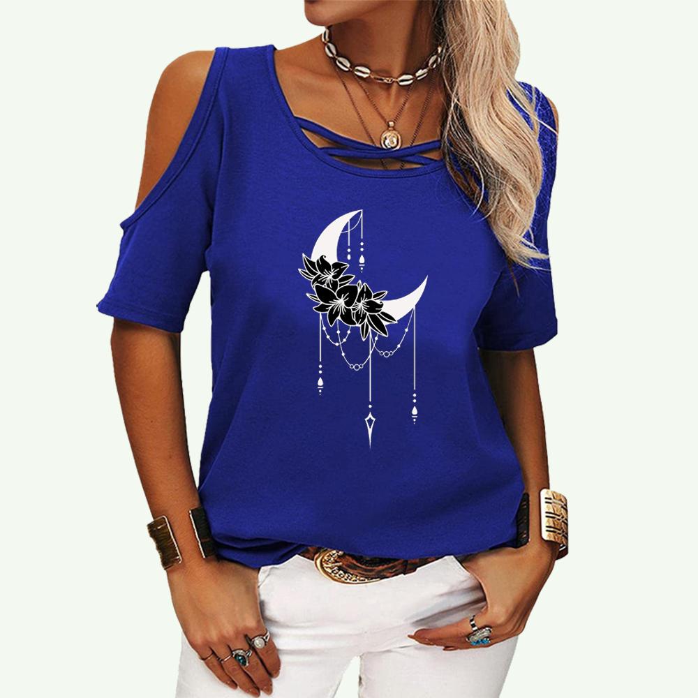 Women Fashion Print Short Sleeve T-shirt Ladies Off Shoulder Top Casual Round Neck Summer Tee Shirt