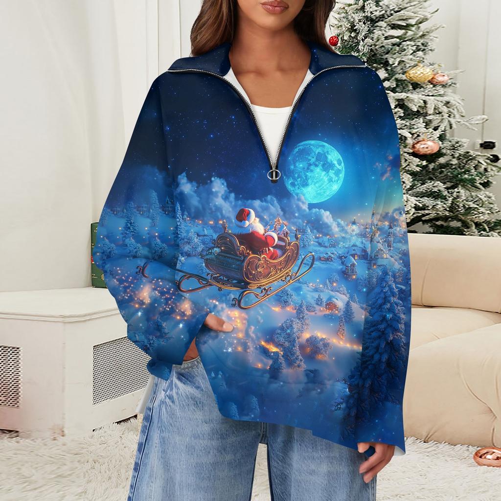 Женский повседневный свитер с полумолнией и лацканами со снежинками и разрезом сверху по бокам, модная одежда