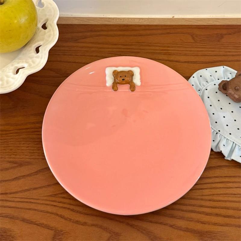 Керамические тарелки Милый медведь 3D рельефная тарелка Модная креативная десертная круглая тарелка Изысканная бытовая посуда для хлеба и завтрака