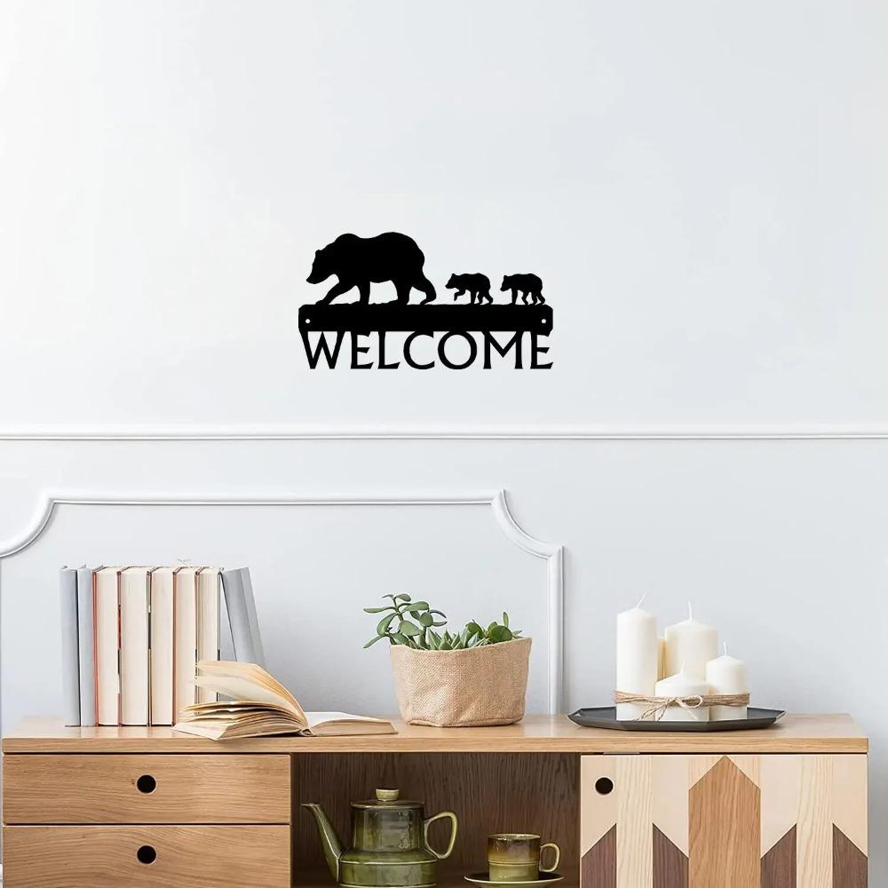 Bear & Cubs Welcome Sign - 12" X 6.5" Metal Wall Art for Rustic Home Décor,and Charming Cabin Entrance with Bear Family Design
