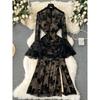 Fancy Adult Lady Like Woman Wear Sexy See-through Mesh Flared Sleeves Retro Print Silm Split Fishtail Skirt Dress