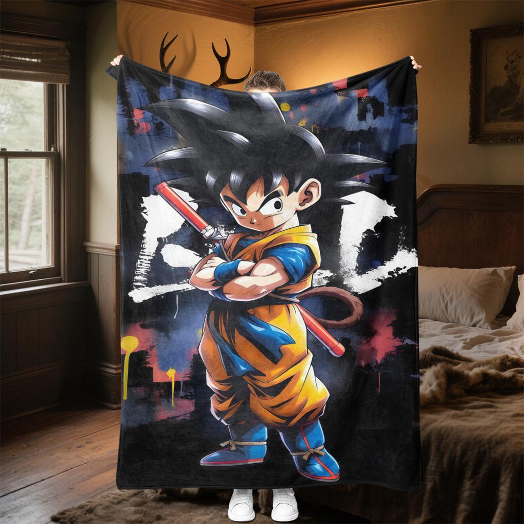 1PC Cartoon Son Goku Print Flannel Blanket, High quality All Seasons, Home Decor, Warmth and Comfort, Perfect for Christmas Gifts