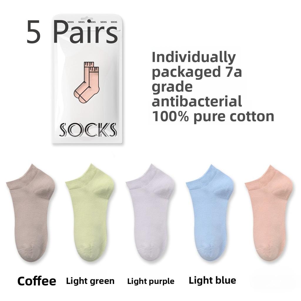 5 Pairs of Female Summer Thin Cotton 7A Antibacterial Antiodor Sweat Absorbing Breathable Shallow Mouth Boat Socks