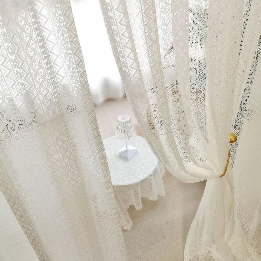 Retro Romantic White Lace Embroidered Mesh Knitted Chiffon Curtain - Top Pole Through Living Room Decoration Partition Curtain, Bedroom Window