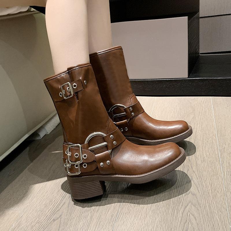 Женские рыцарские сапоги осень-зима 2024 года, новые квадратные коричневые средние ковбойские сапоги Martin Spice girl в стиле ретро с толстым каблуком