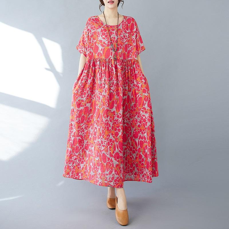 Новые платья из хлопка с короткими рукавами больших размеров и цветочным принтом для женщин, повседневные свободные длинные летние платья