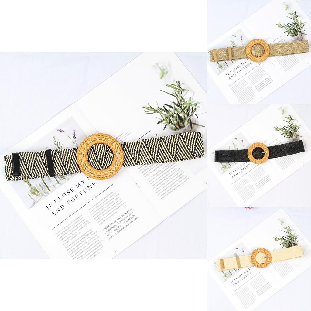 Womens Woven Cotton Linen Waist Belt With Large Round Buckle For Summer Beach Outfits