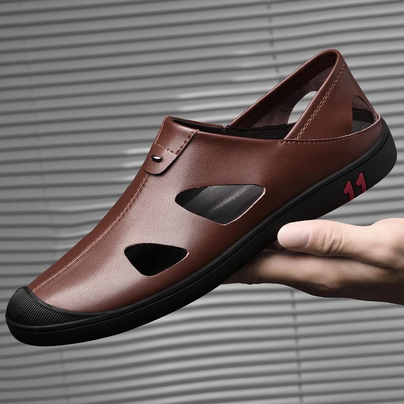 2024 Лето Горячие Продажи Мужские Пляжные Сандалии с Открытым Верхом Дышащие Легкие Мужские Повседневные Туфли Кожаные Туфли для Ходьбы