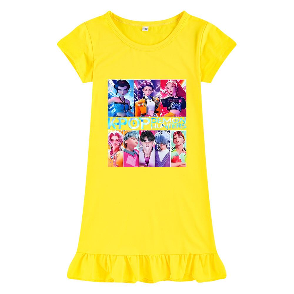 M1230 Kids Girls Sajaboys Kpop Rumi Zoey Mira Print Short Sleeves Ruffle Dress