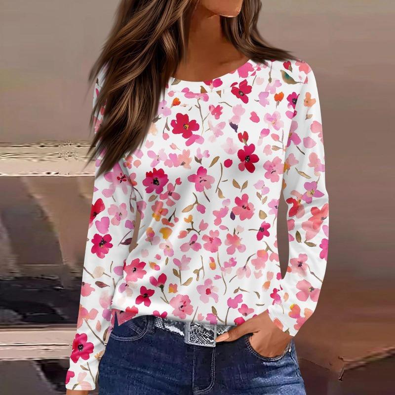 Women's Fashion Casual Slit Hem Round Neck Long Sleeve Loose Printed T-Shirt Ladies Top T-Shirts Women’s