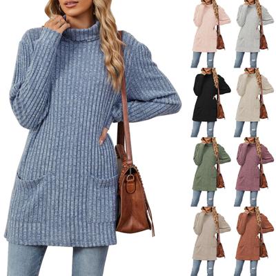 Женская модная однотонная футболка с высоким воротом и длинными рукавами и широким подолом с разрезом