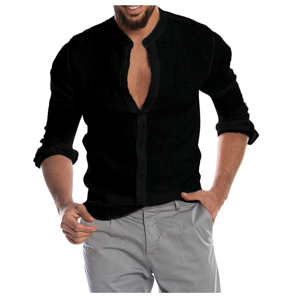Мужская льняная повседневная рубашка с длинными рукавами без воротника с воротником-стойкой, летний топ
