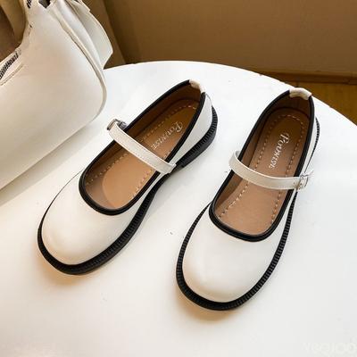 Винтажные маленькие кожаные туфли весна новый стиль светлый рот цветной блок универсальные одинарные туфли простые удобные женские туфли