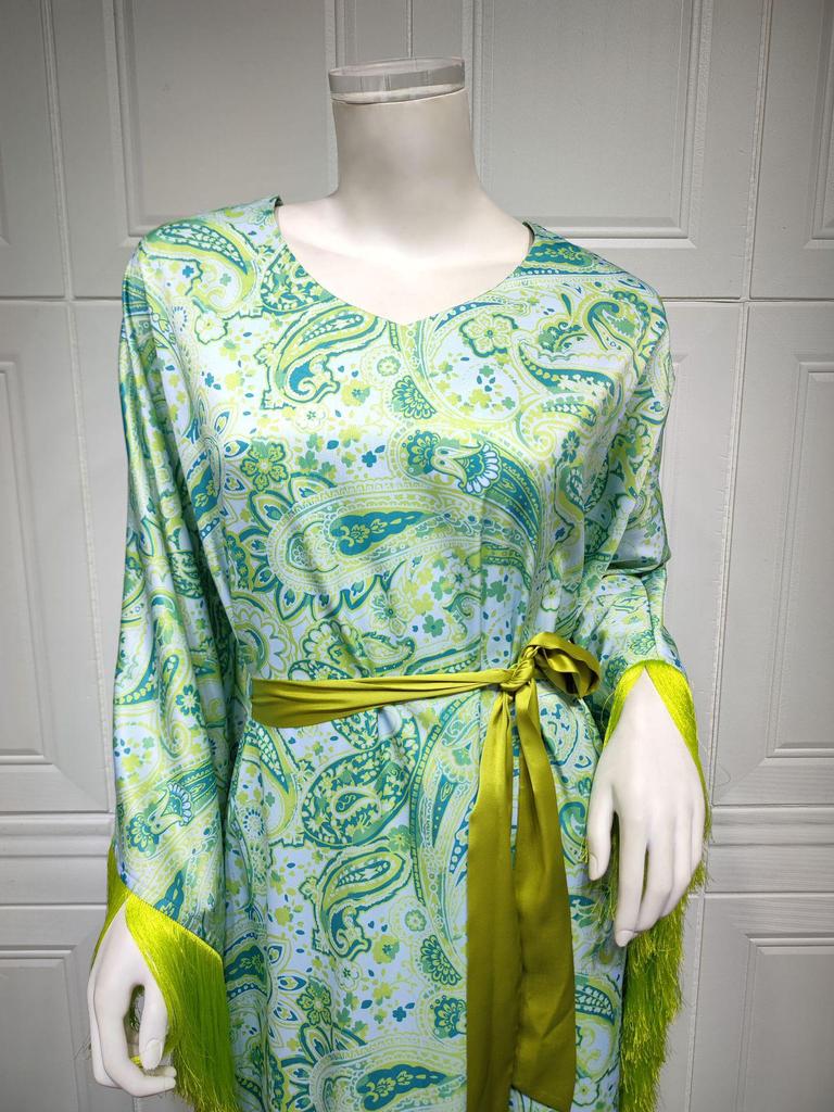 AB256 Зеленое платье с кисточками и рукавами «летучая мышь» в стиле скромной моды для мусульманок больших размеров