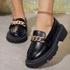 Fashion Fashion Chain Decor Platform Loafers Women Black Faux Leather Slip On Flats Shoes College Style Solid Color Dress Shoes Woman