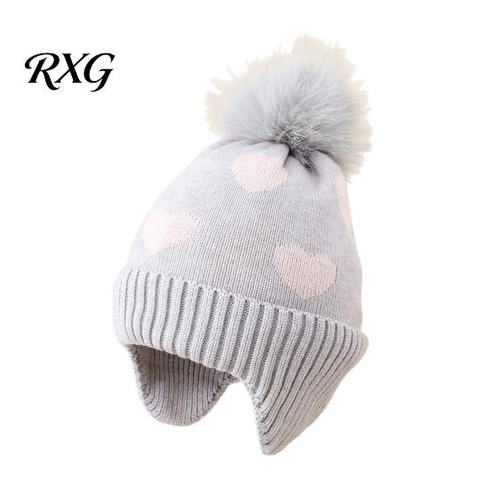 Breathable Winter Hat for Kids Knit Hat, Warm Soft Cute Pompom Knitted Heart Pattern, Cozy Earflap Boys Girls Toddlers Durable Stretch Caps