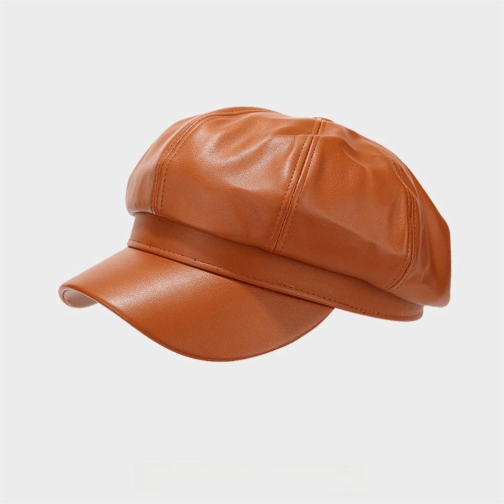 Solid Color Newsboy Cap PU Leather Peaked Cap Creative Gift Beret Hat Cold Weather Use