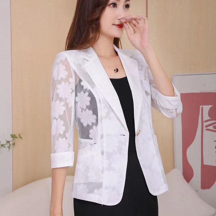 Suit Coat Women's Spring and Summer Fashion Lace Top 7/4 Sleeve Suit Sunscreen Shirt Casual Top