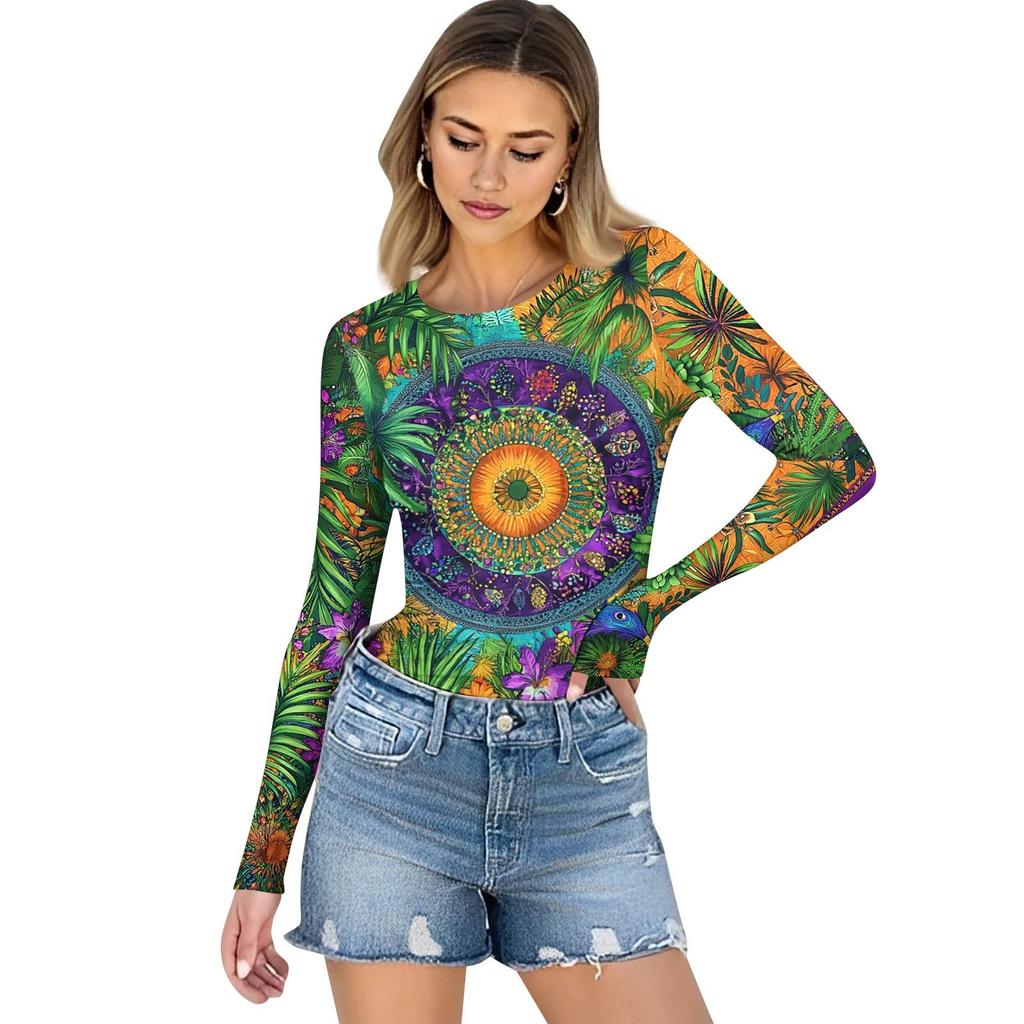 Женская и зимняя футболка с тонким низом, модная повседневная футболка с градиентным принтом и круглым вырезом, пуловер с длинным рукавом