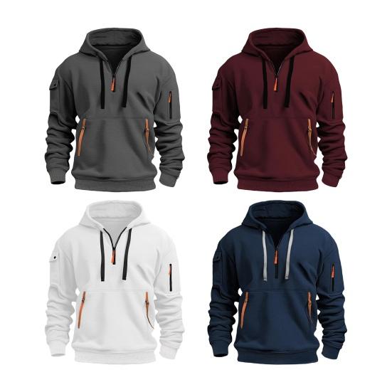 Men Fall Winter Hoodie Solid Color Drawstring Long Sleeves Half Zipper Arm Pocket Strap Decor Hooded Loose Daily Wear Casual Sport Top