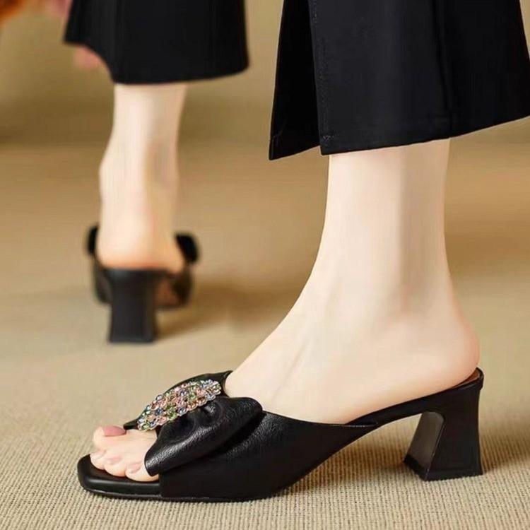 Летние шлепанцы на толстом каблуке с бантом, женская модная обувь со стразами, из мягкой кожи, с открытым носком, на высоком каблуке, крутые шлепанцы