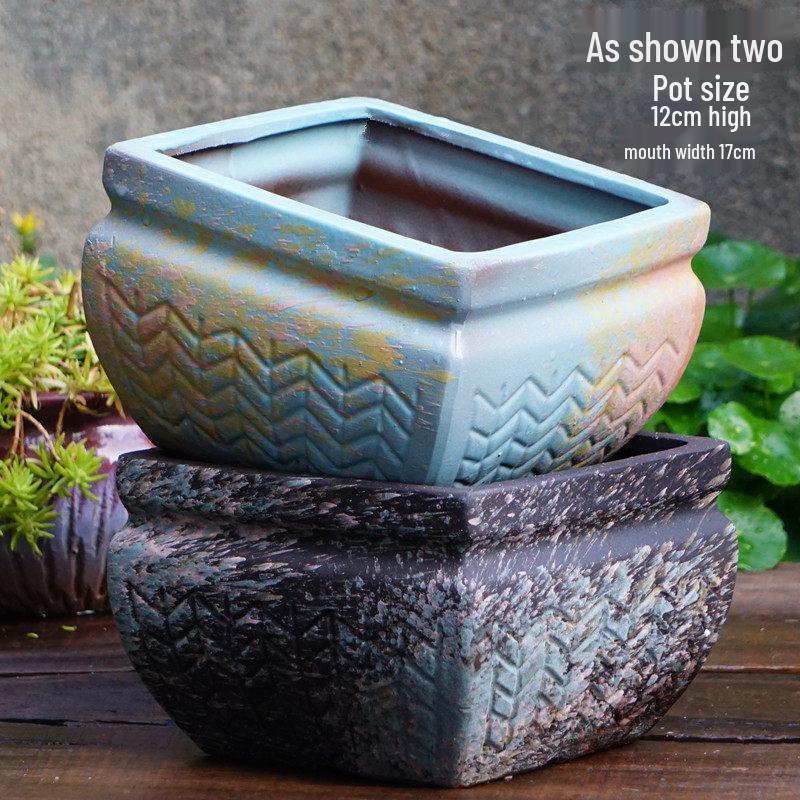 Yixing Handmade Square Mouth Coarse Pottery Planter - Large Succulent Flower Pot with Old Branch Design and Jade Pendant.