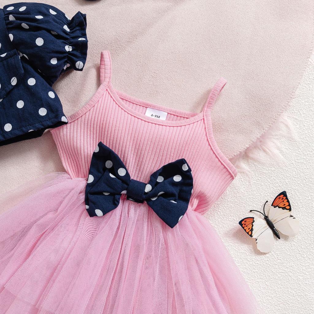 6M-3Y Children's Polka Dot Lapel Bubble Short-sleeved Jacket + Halter Bow Saree Girls Skirt Suit