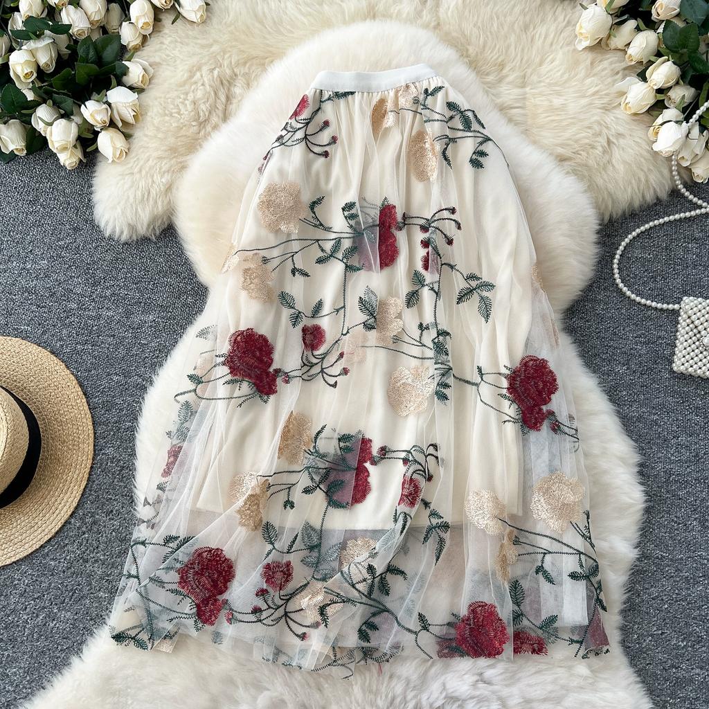 Summer Women Elegant Mesh Embroidery Flower Long Midi Tulle Skirt