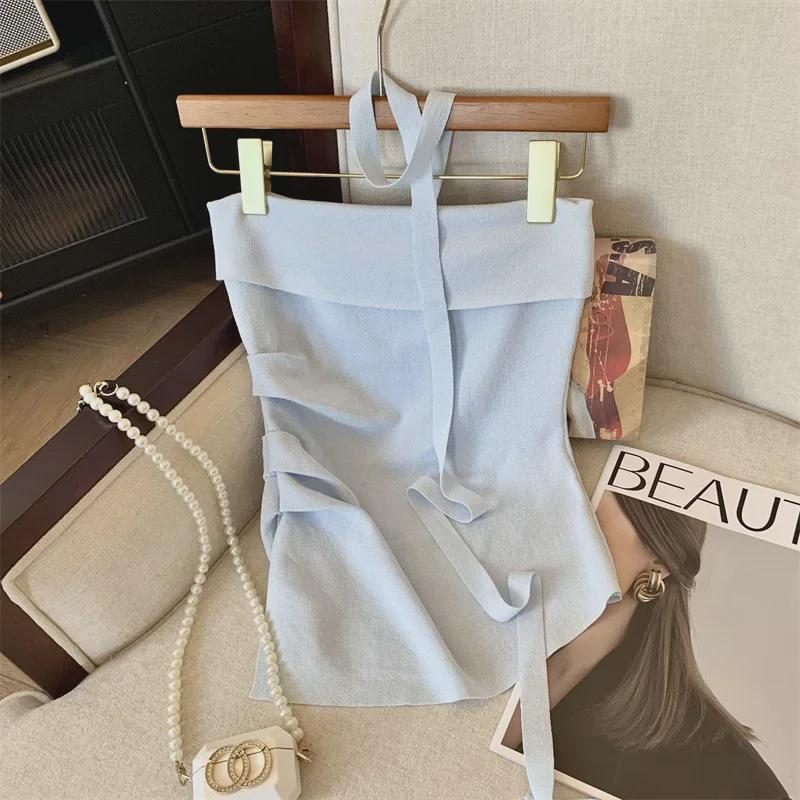 French Off-Shoulder Camisole: Summer Women's Pleated Top with Irregular Slits and Elegant Back Design