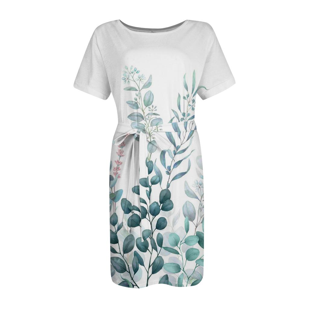 Женские повседневные модные сексуальные платья-туники с круглым вырезом и коротким рукавом с ботаническим цветочным принтом