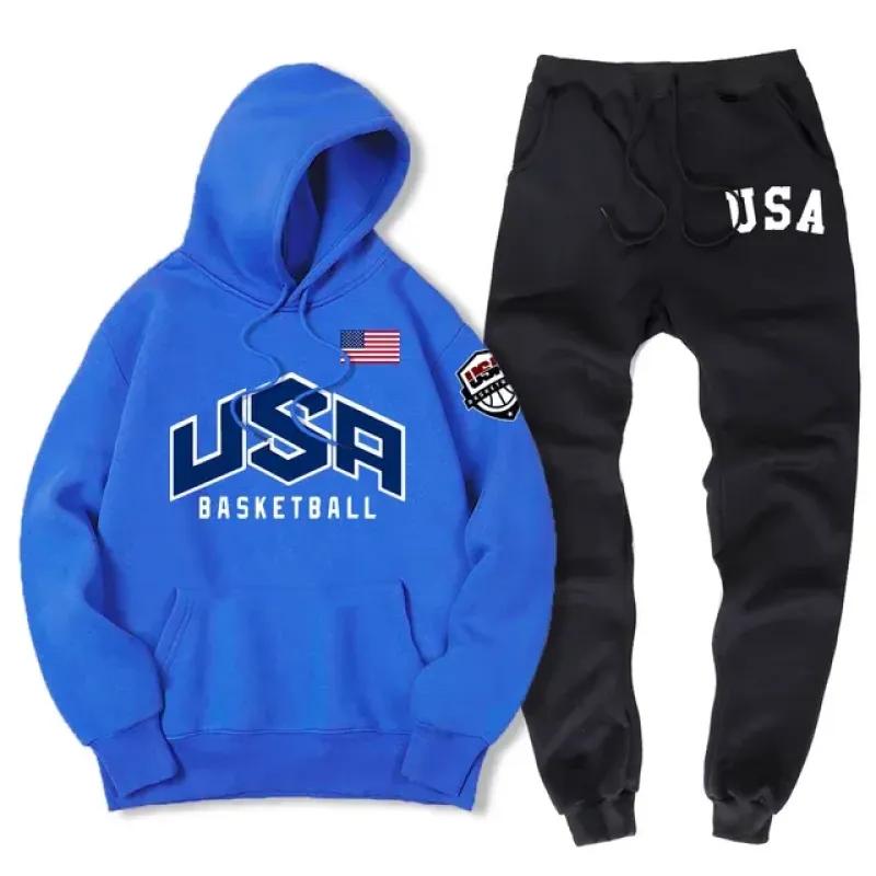 США баскетбольная уличная спортивная одежда с принтом спортивный костюм мужской теплый комплект из двух предметов свободная толстовка с капюшоном брюки комплект спортивный костюм с капюшоном