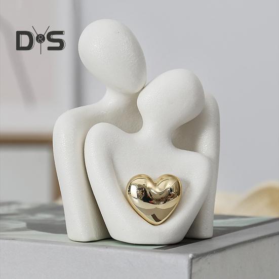Ceramic Couple Hug Figurine with Golden Love Heart Men Women Embrace Statue Sculpture Living Room Bedroom Desktop Decoration Wedding Anniversary Gifts