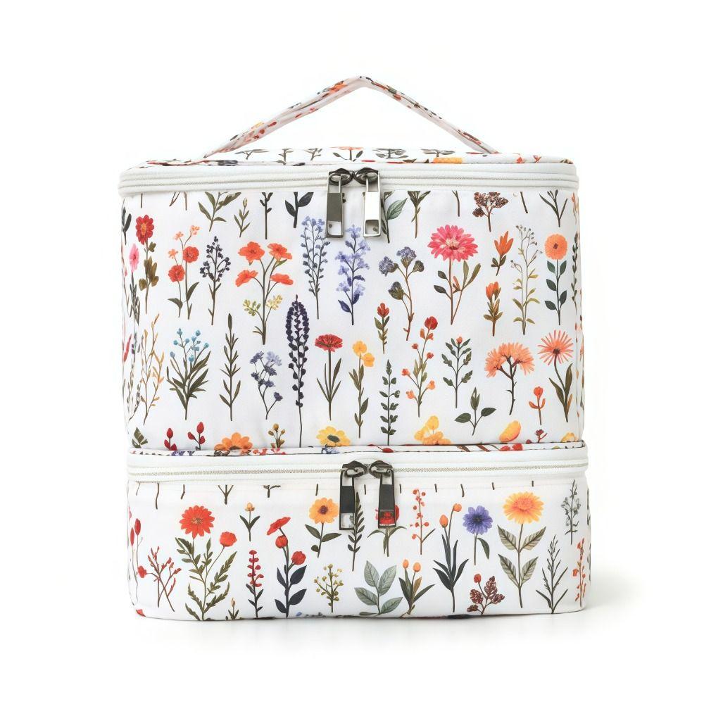 Double Layer Nail Polish Storage Bag Floral Print Large Capacity Essential Oil Bag Detachable with Handle Nail Lamp Case