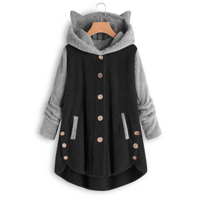 Cat Print Long Hoodies Sweatshirt Women Fleece Warm Button Pocket Pullovers Cat Ear Plus Size Hoodie Top Blouse Sweat Femme Plus Size