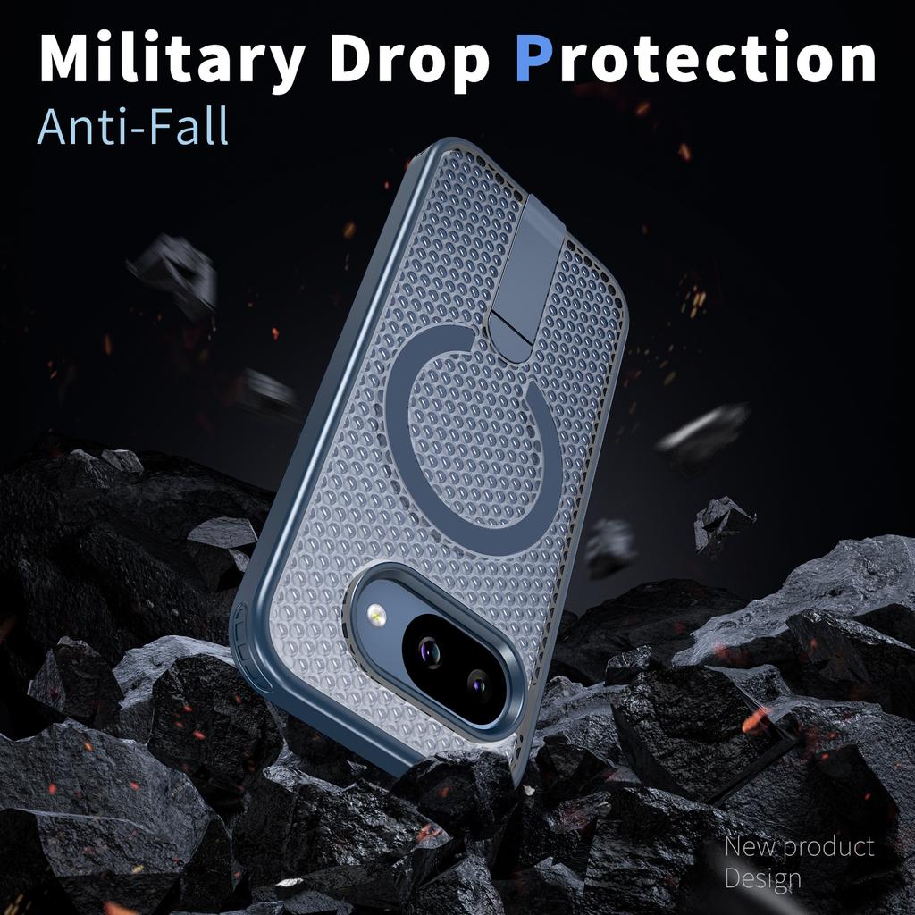 For Google Pixel 9a Magnetic Case Kickstand Grid Texture TPU PC Phone Back Cover