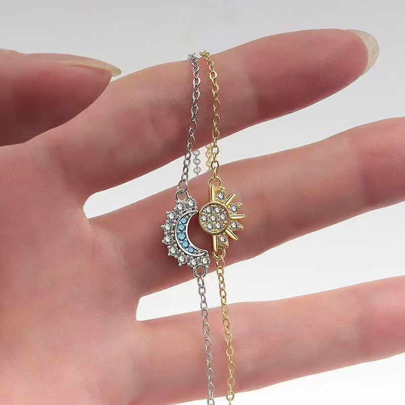 2Pcs Shiny Cubic Zircon Sun & Moon Bracelet Set For Women Adjustable Couple Bracelets Party Wedding Jewelry Gift
