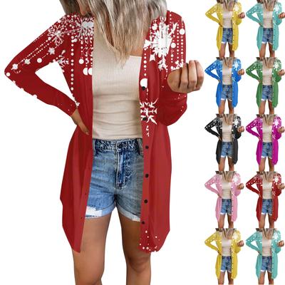 Длинный рукав Женский ретро принтованный топ Легкий базовый свободный жакет Кардиган Повседневные рубашки Рождество