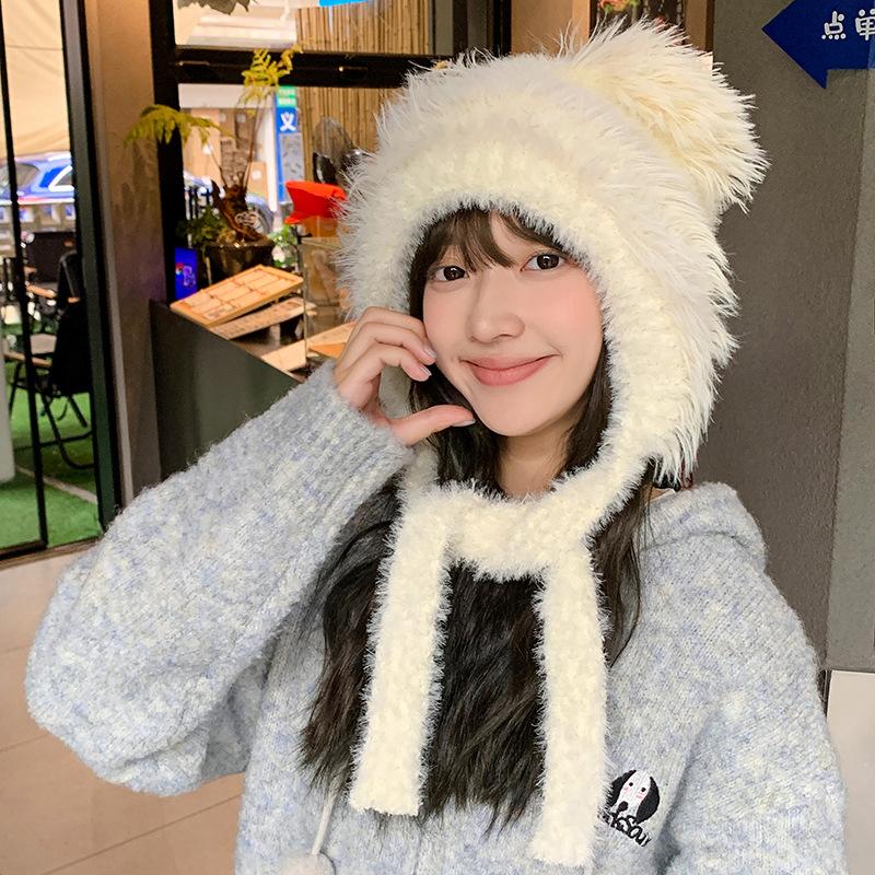 Зимняя мультяшная милая плюшевая шапка с медвежонком корейского выпуска, теплая шапка для девочек с изображением лица, маленькая шапка Баотоу с капюшоном