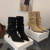 Острый темперамент Весна и Осень ретро плиссированные ботфорты с напуском Тонкие каблуки Вестерны Ботильоны на высоком каблуке Женские тонкие ботинки Черные