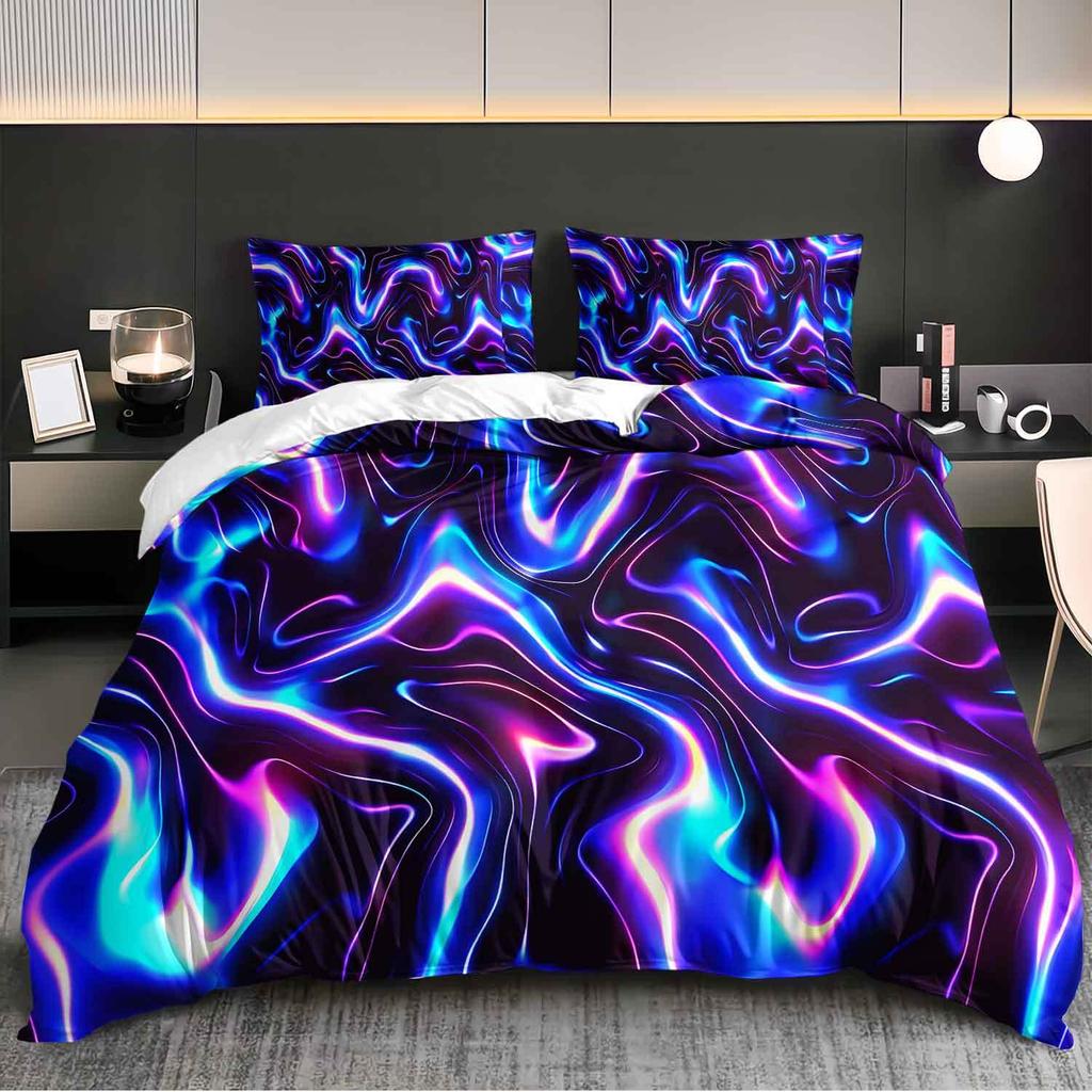 Набор из 3 пододеяльников с неоновым свечением, featuring an abstract liquid marble design, идеально подходящий для современного абстрактного интерьера