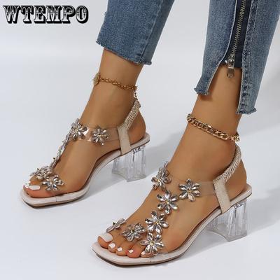 Летние женские сандалии с украшением в виде цветов и кристаллов, элегантная модная женская обувь на массивном каблуке с открытым носком и эластичной лентой сзади
