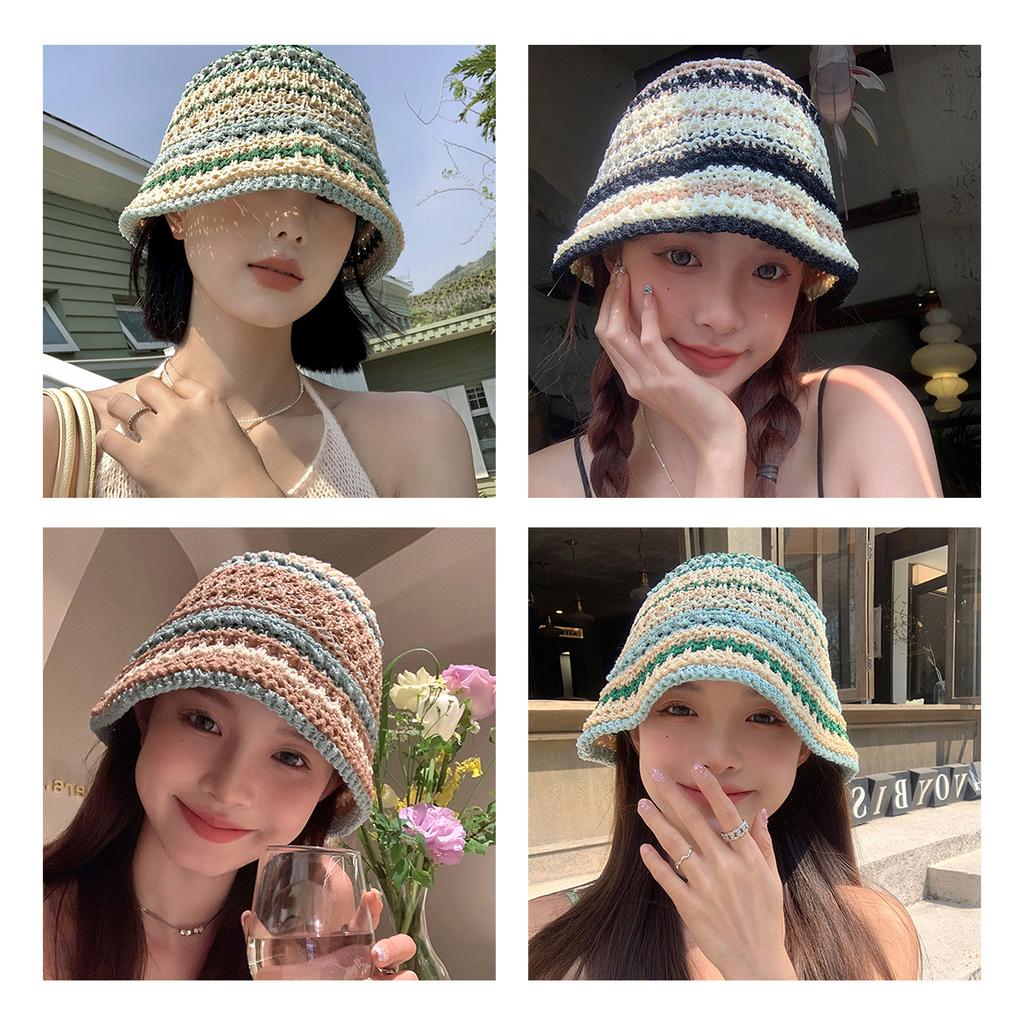 Summer Sunproof Crochet Bucket Hat Ladies Spring Commute Camping Fisherman Cap with Stripe Pattern for Girlfriend