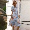 Women's Summer Ethnic Printed Short Sleeve High Waist A Line Lace Up Dress