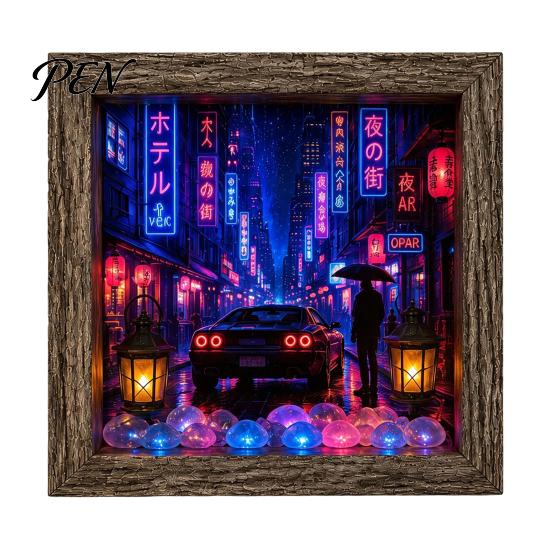 Киберпанк Эстетика Декор Деревянная 3D Теневая Коробка Светодиодный Ночник, Ретро Уличная Сцена Свет Настольный Декоративный Декор Фоторамка для Рабочего Стола, Теплое Сияние